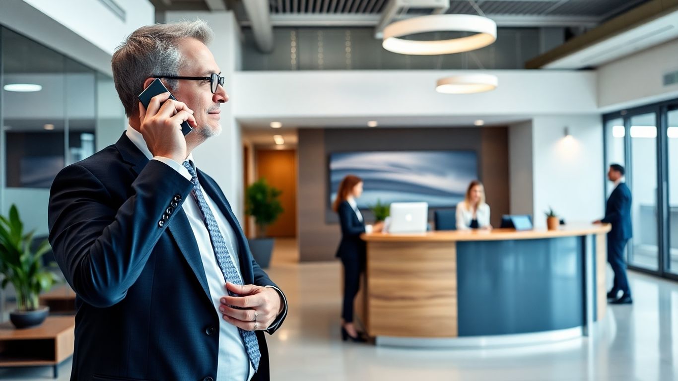 Receptionist greets client as businessperson uses phone