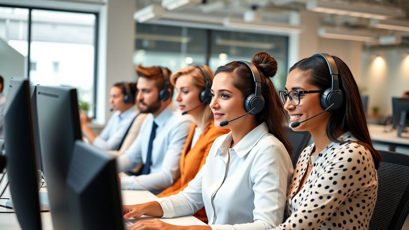 Business team using headsets in modern office