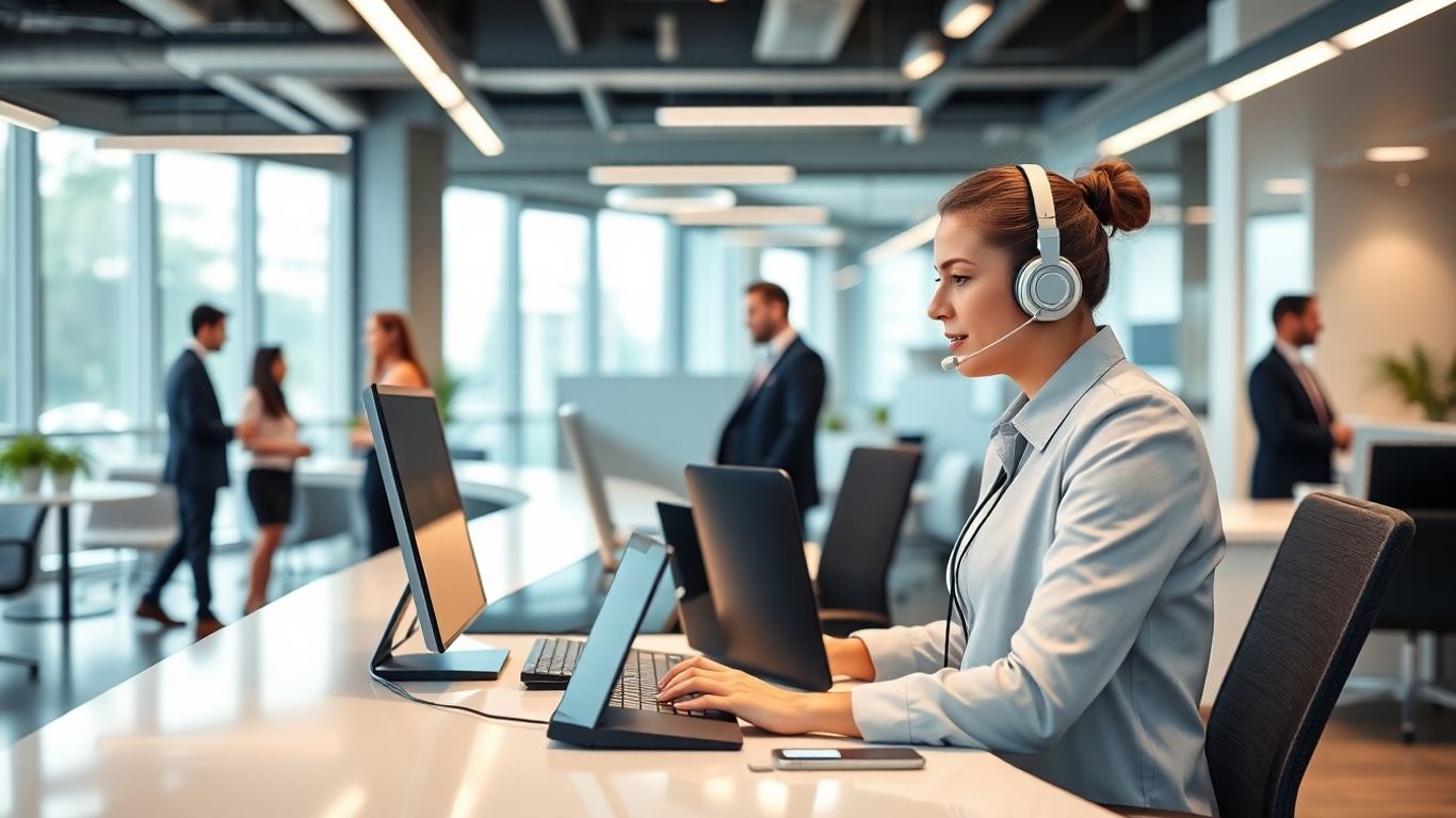 Receptionist answering phone in modern office environment