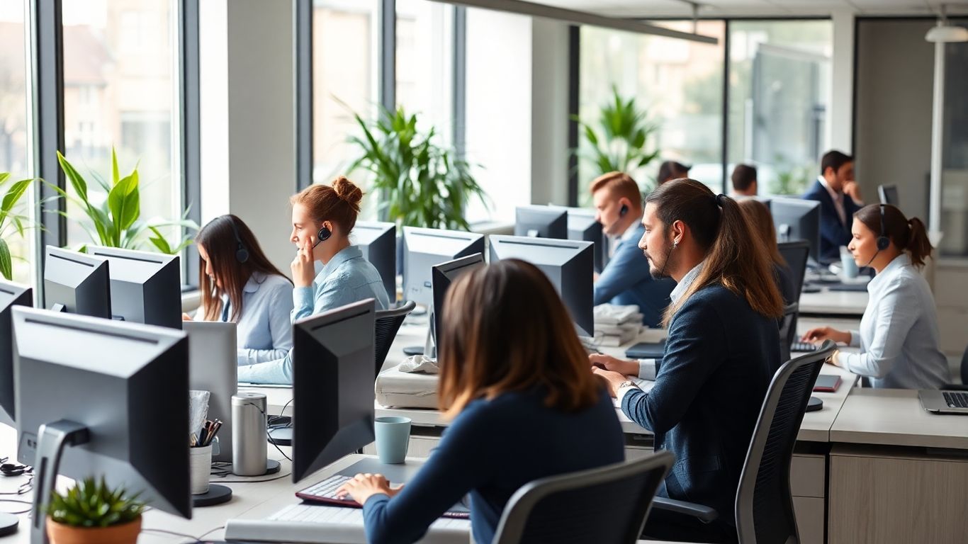 Busy office workers using headsets in Birmingham office