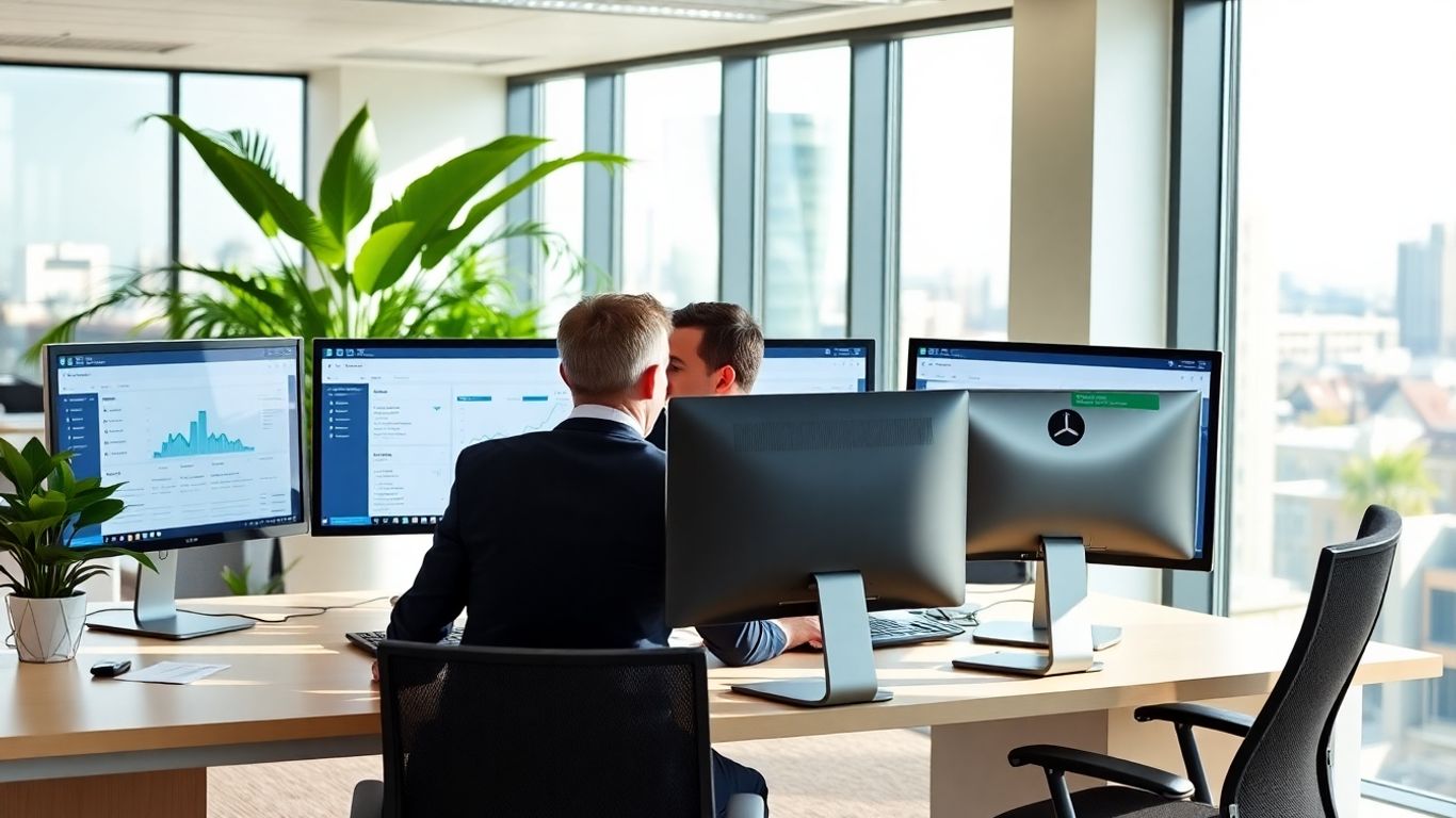 Modern Birmingham office with CRM software on screens