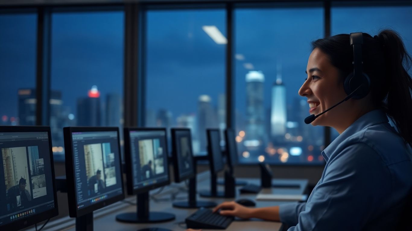 Call center agent supporting clients after-hours at night.
