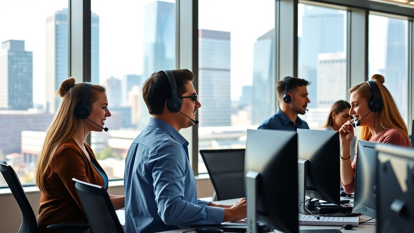 Modern Raleigh office with team using headsets and technology.