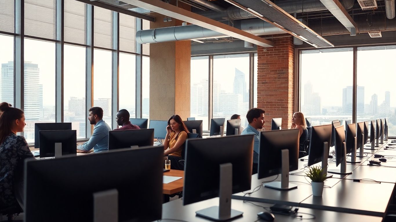Modern Raleigh office with professionals at phones and computers