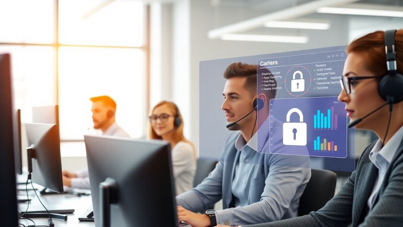 Office workers with headsets ensuring data security