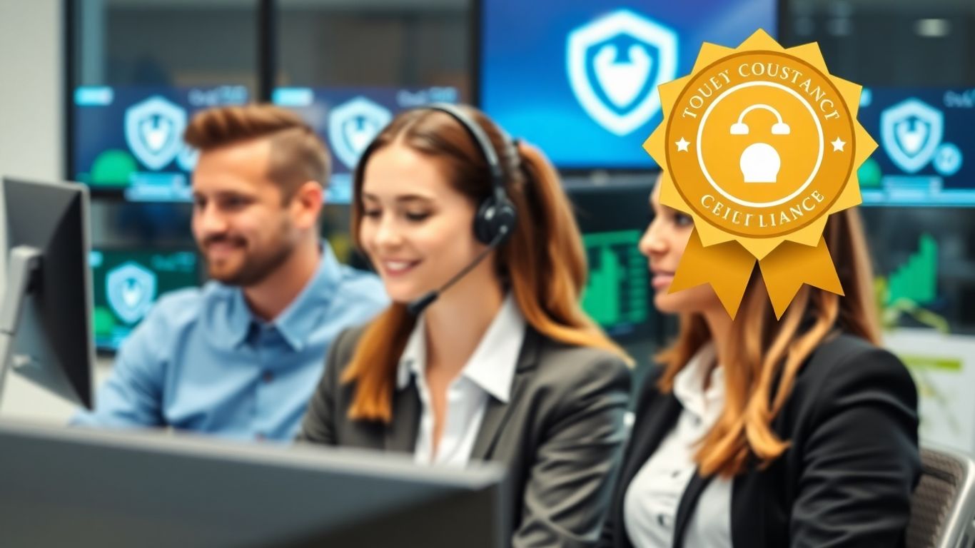 Office staff with headsets and secure computer screens