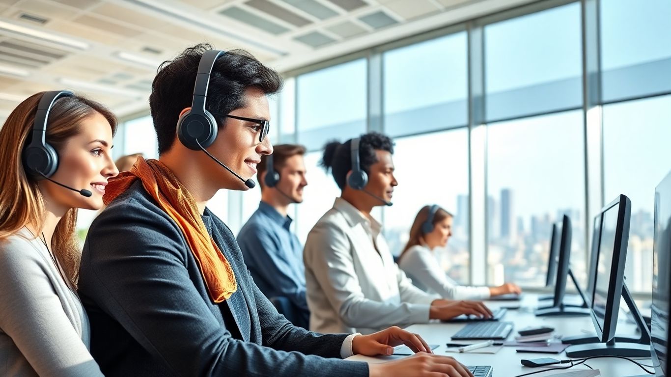 Office workers with headsets in modern Chesapeake workspace