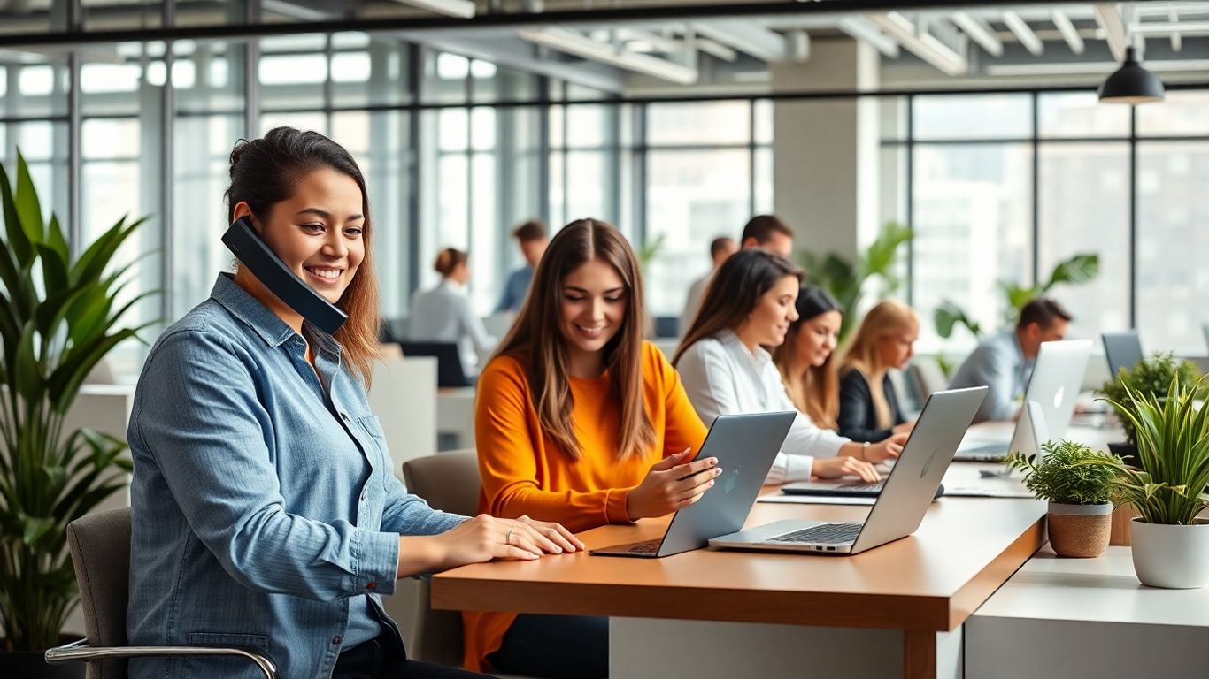 Office receptionist answering call with colleagues at work