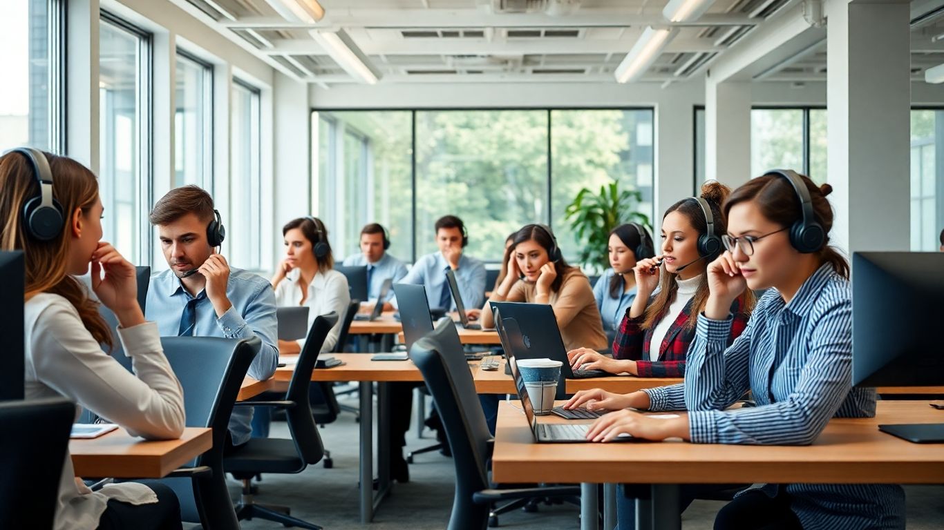 Office staff answering phones in a modern workspace