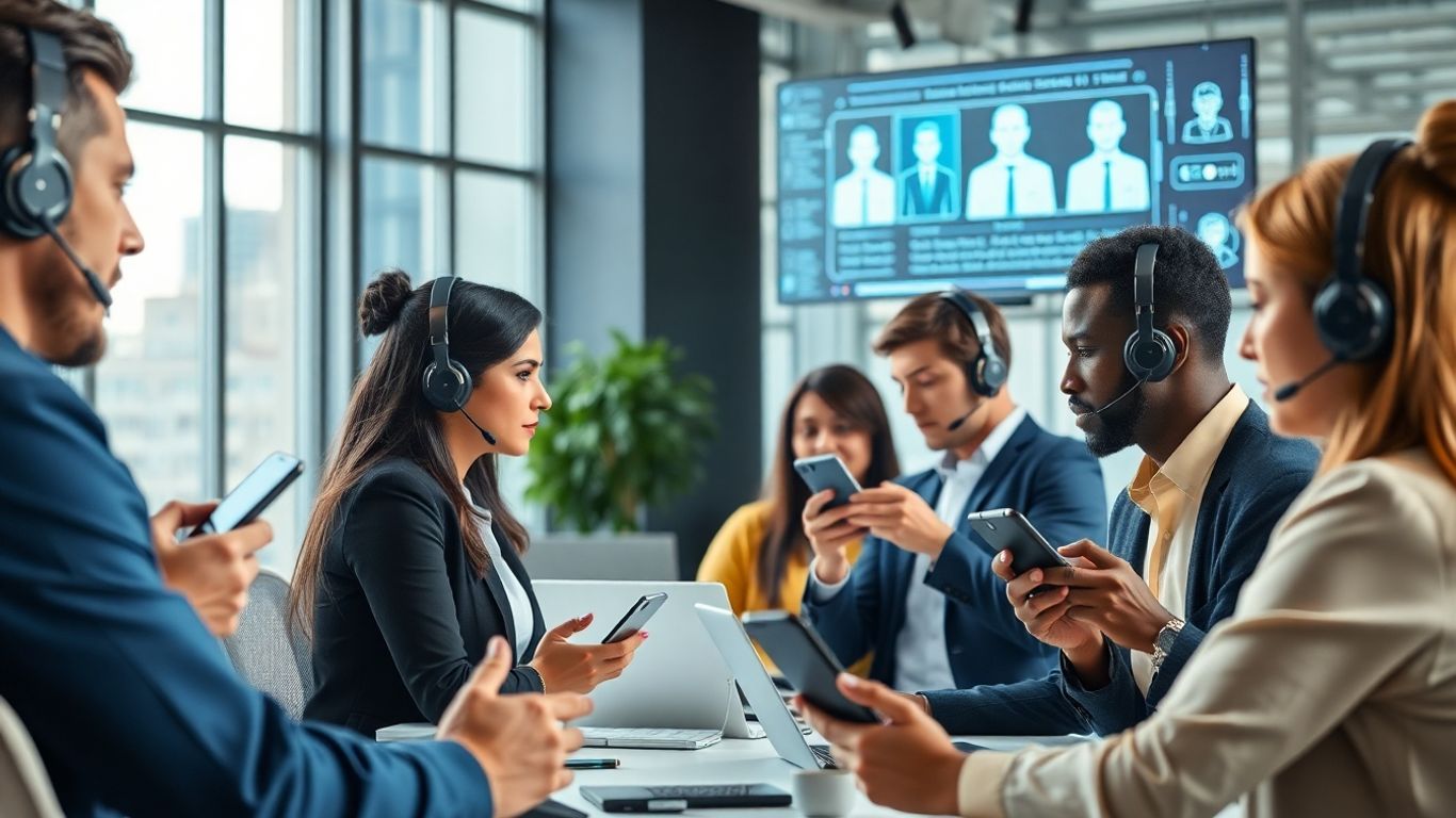 Team using smartphones and AI assistants in office