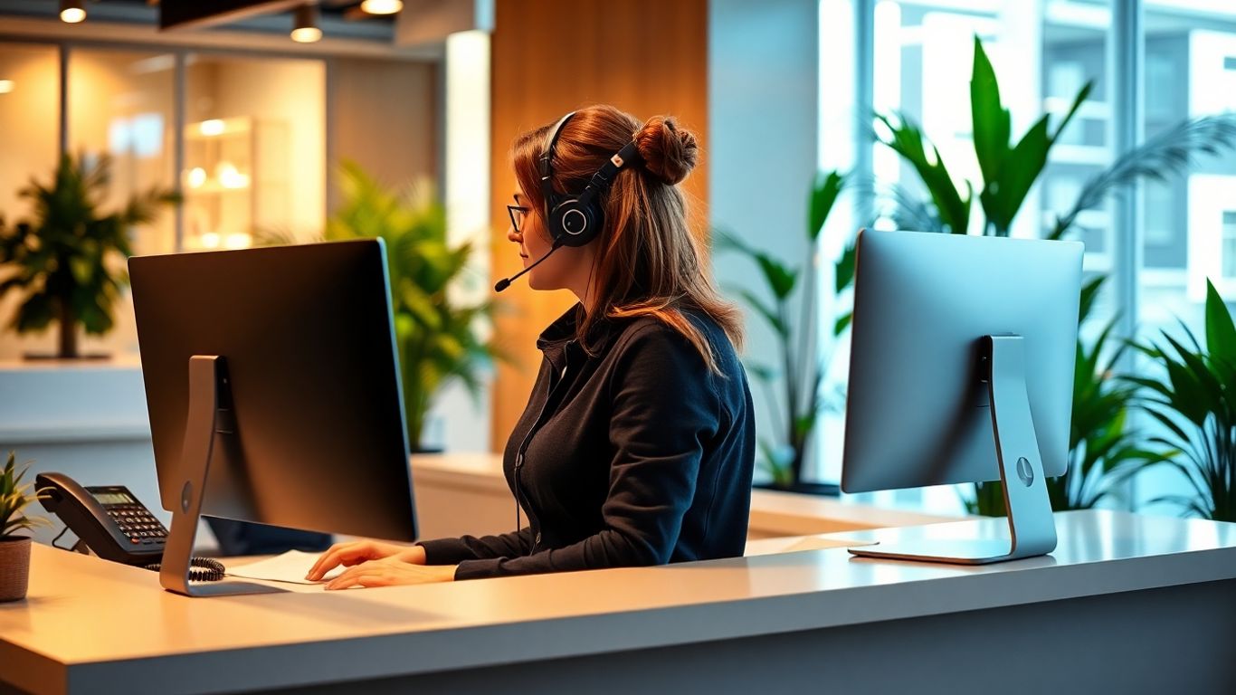 Receptionist scheduling appointments at modern office desk