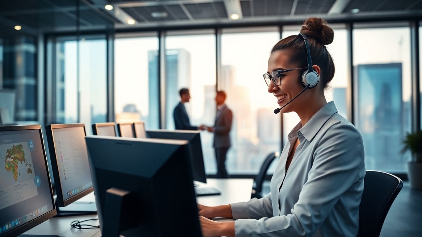 Receptionist with headset in modern, professional office setting