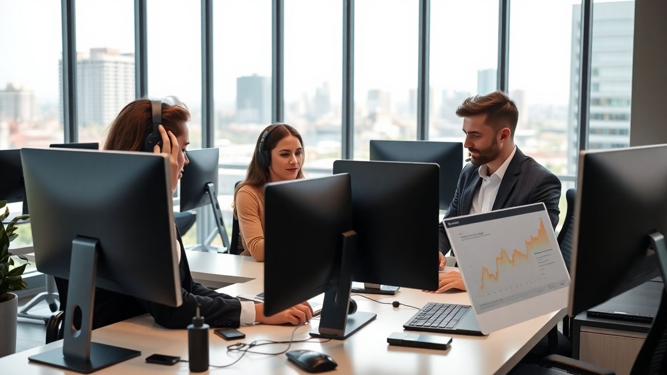 Professionals at Glendale office using headsets and computers
