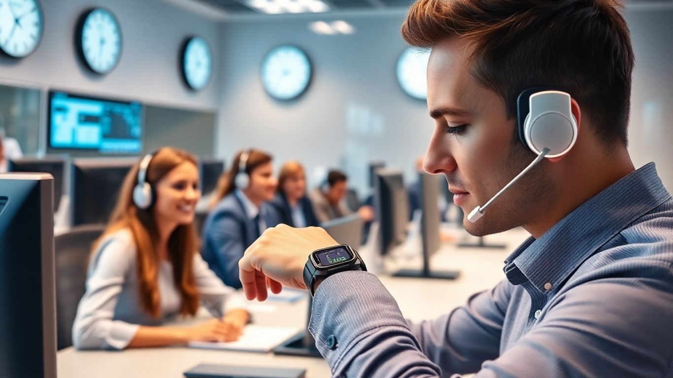 Call center agents with clocks, professional checks digital watch