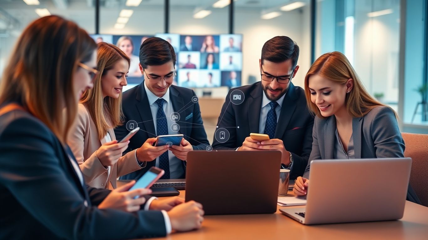 Professionals with devices connecting through digital apps in office