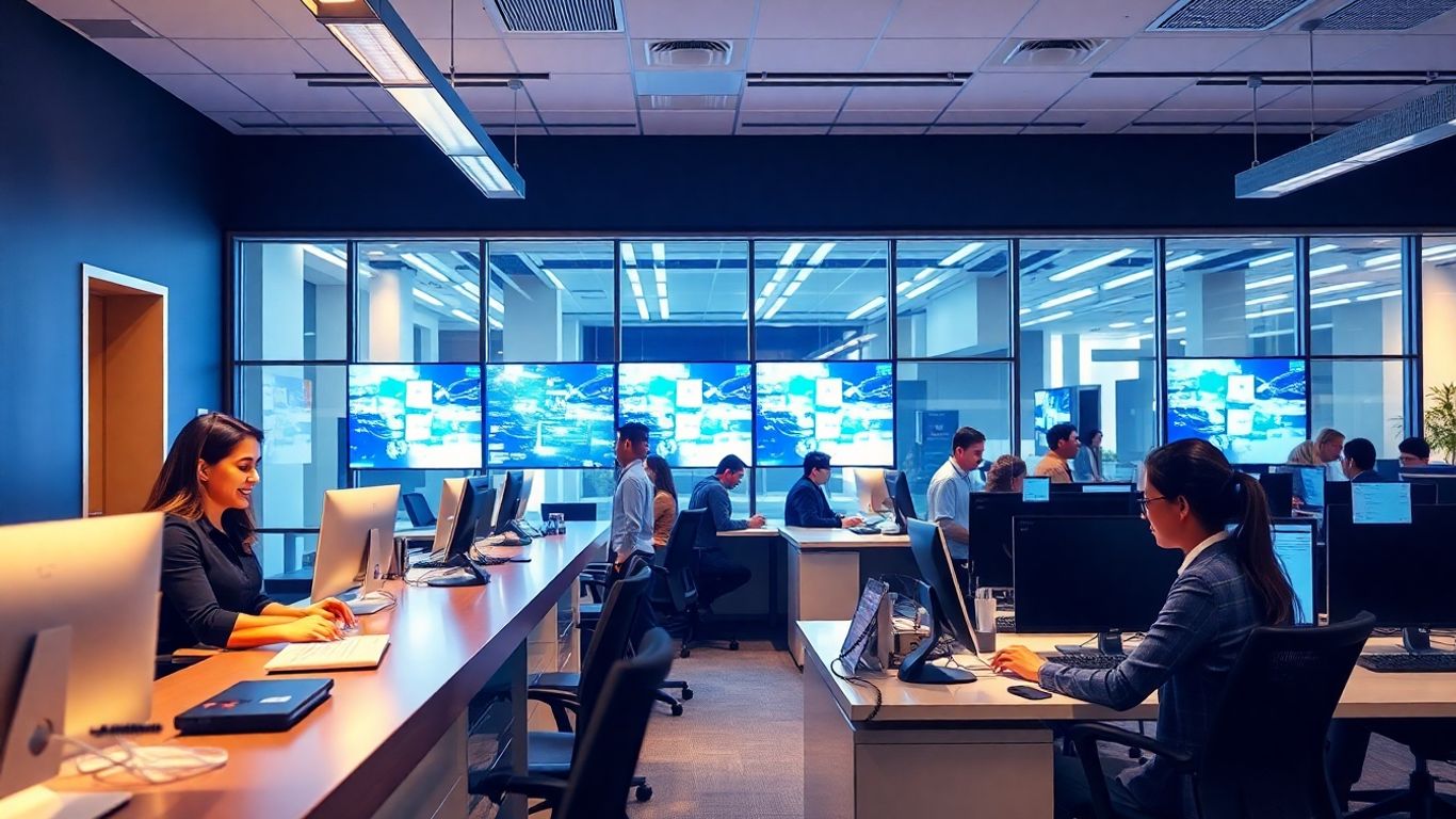 Receptionists and businesspeople in a busy modern office