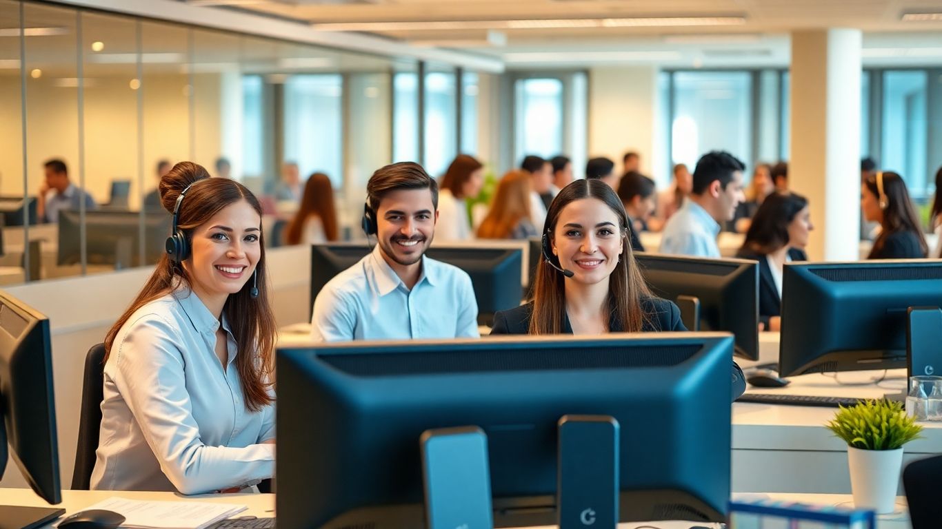 Friendly receptionists in modern office with headsets and computers