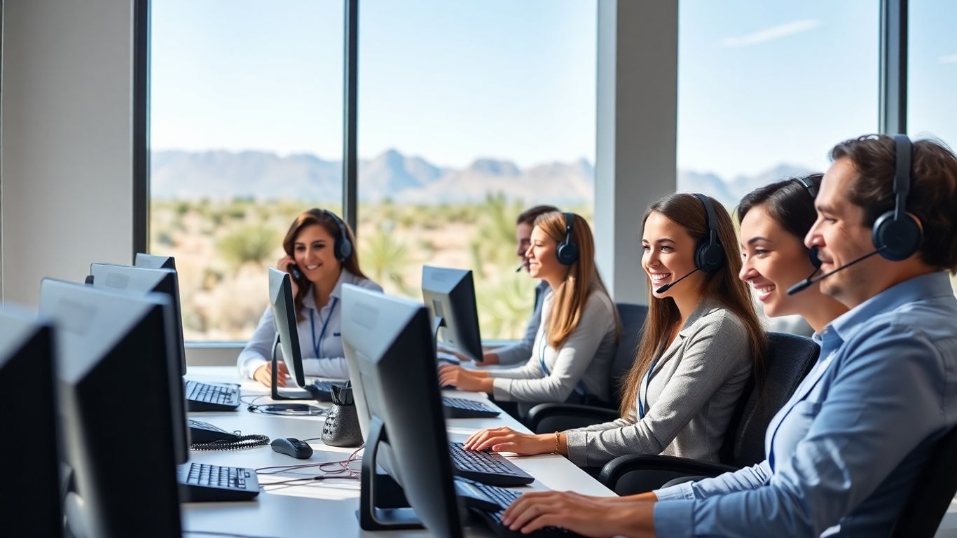 Customer service agents in Scottsdale office with desert view.