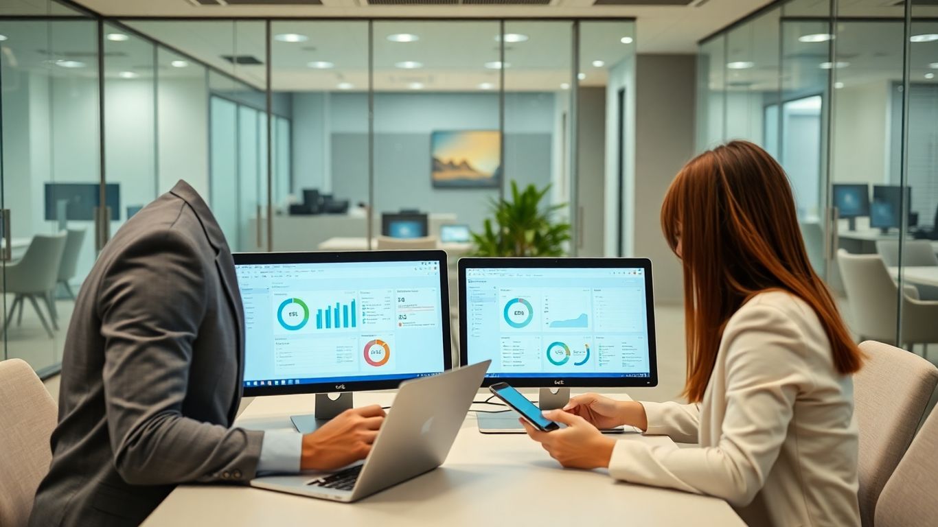 Business professionals using computers in a modern office