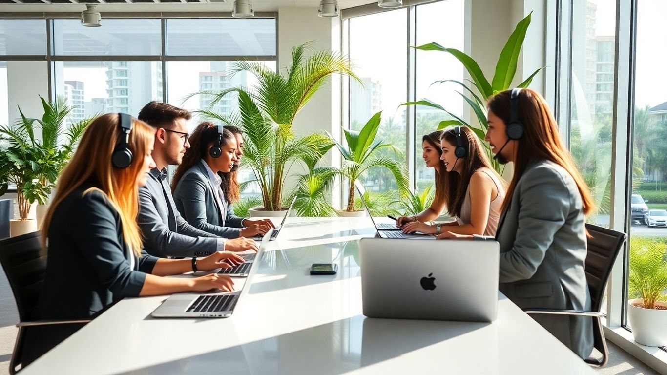 Business team with headsets collaborating in modern office.