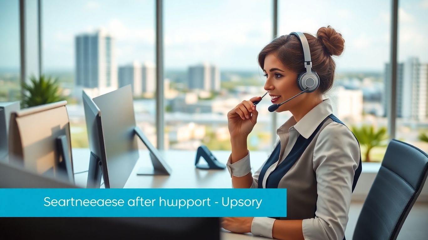 Receptionist with headset answering calls in a modern office