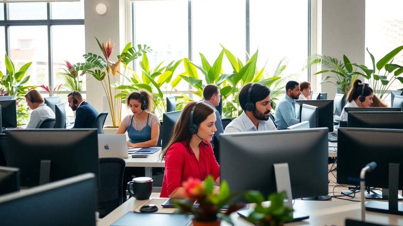 Modern Cape Coral office with professionals using headsets