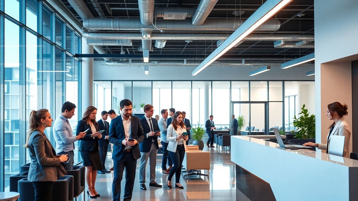 Professionals collaborating with receptionist in modern Knoxville office