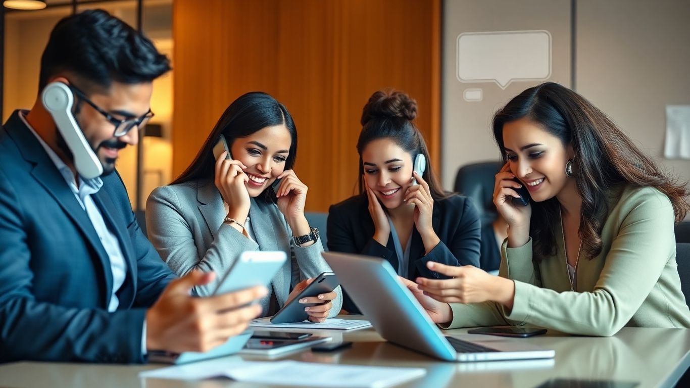 Diverse team using AI voicemail tools in modern office