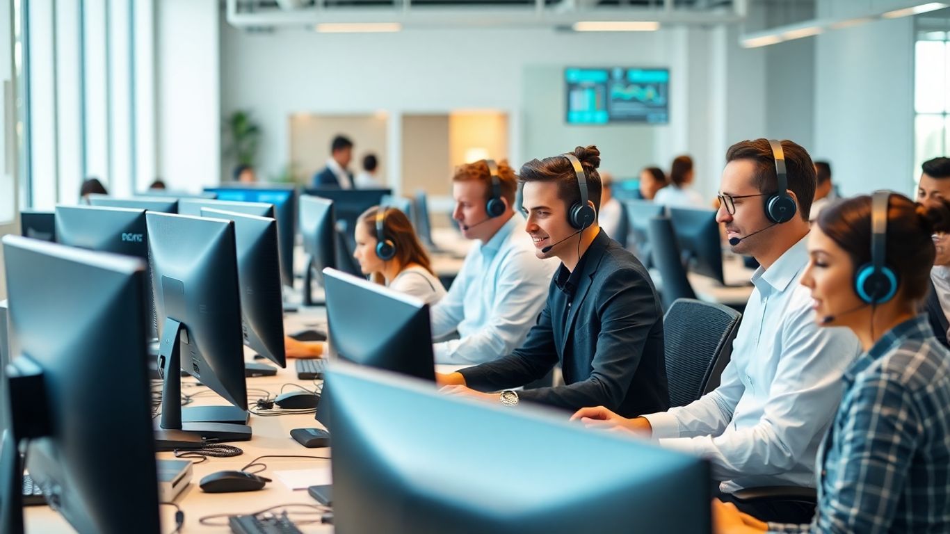 Office professionals using headsets in a modern workspace