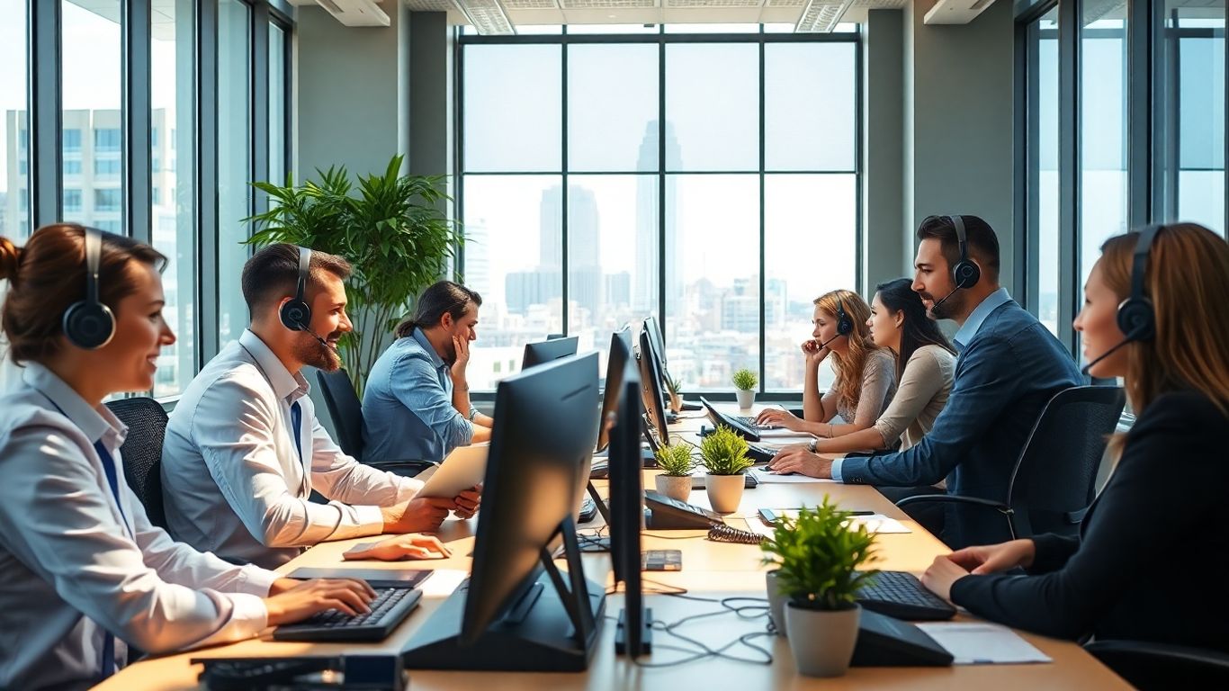 Busy professionals in modern office using headsets and phones.