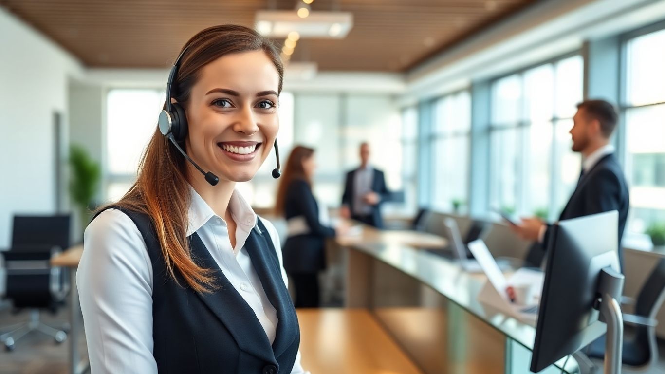 Receptionist with headset in modern office answering phone