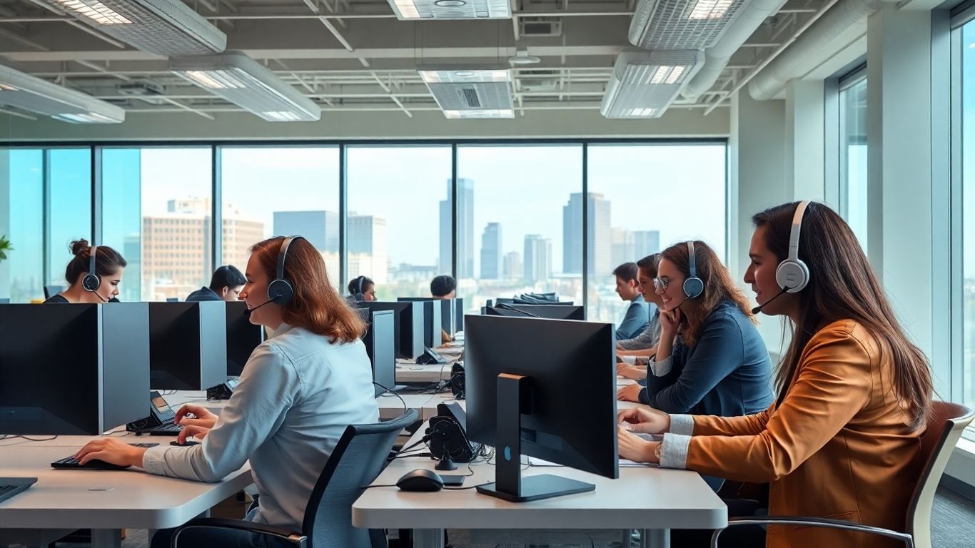 Office workers using headsets in a modern workspace