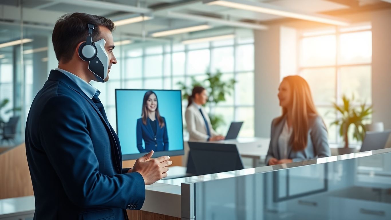 AI receptionist assisting business professionals in an office