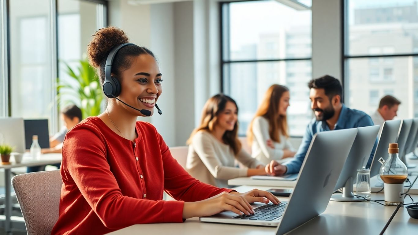 Office team with receptionist taking business calls