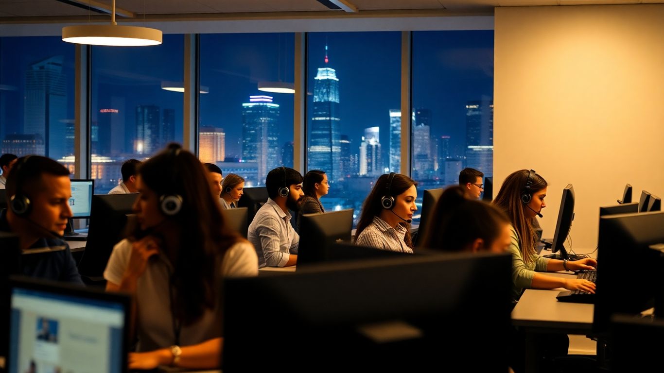 Diverse team providing customer support in modern office