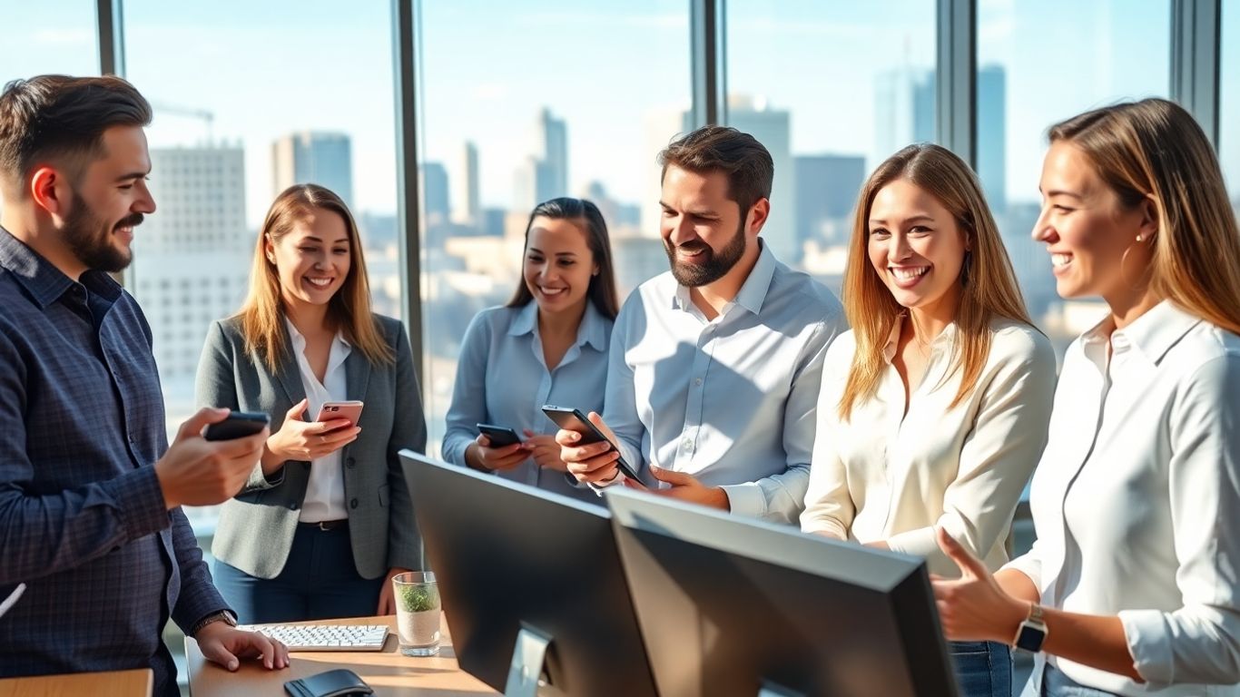 Business team in office using phones and computers