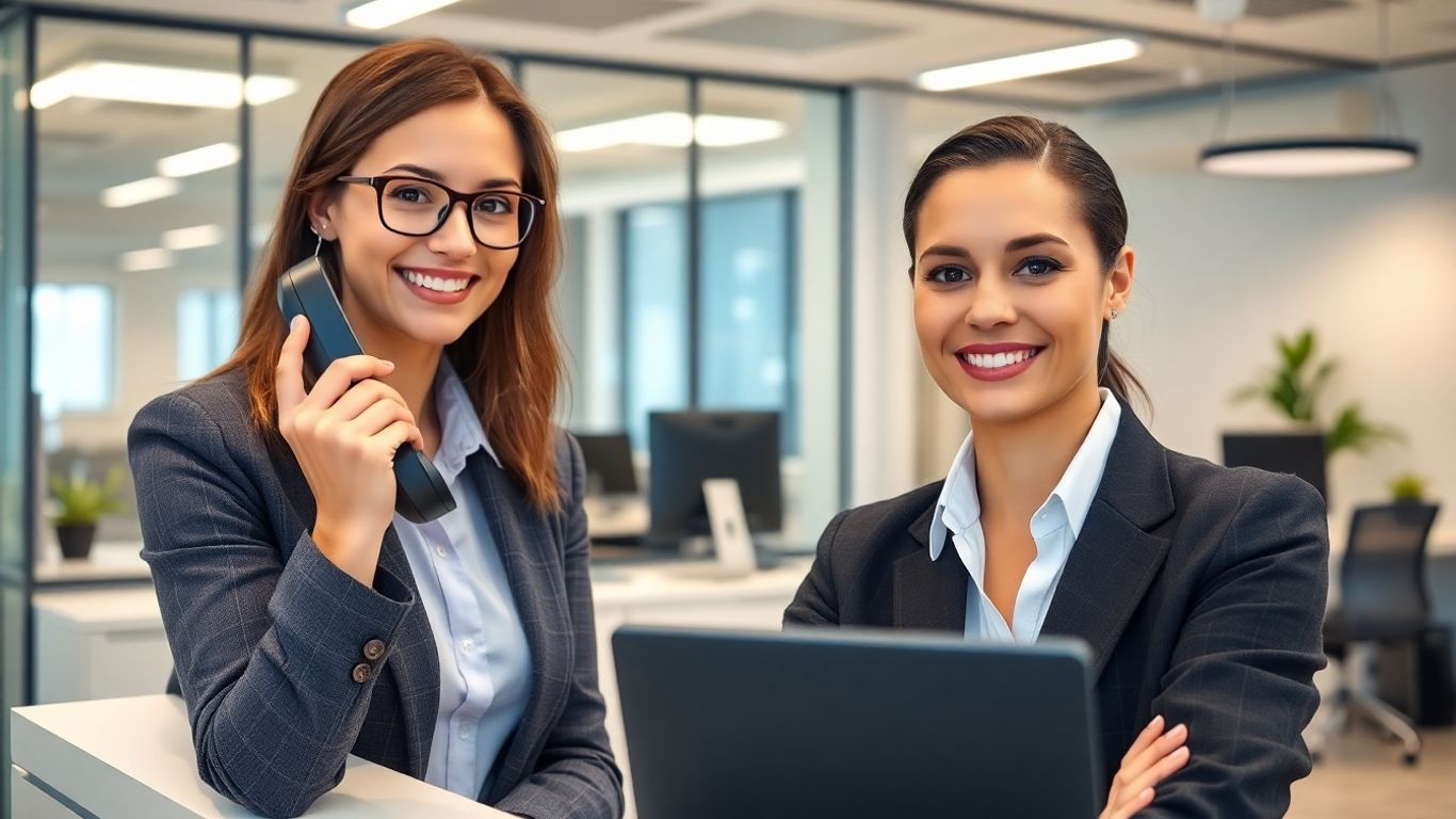 Receptionist answering phone in modern office setting