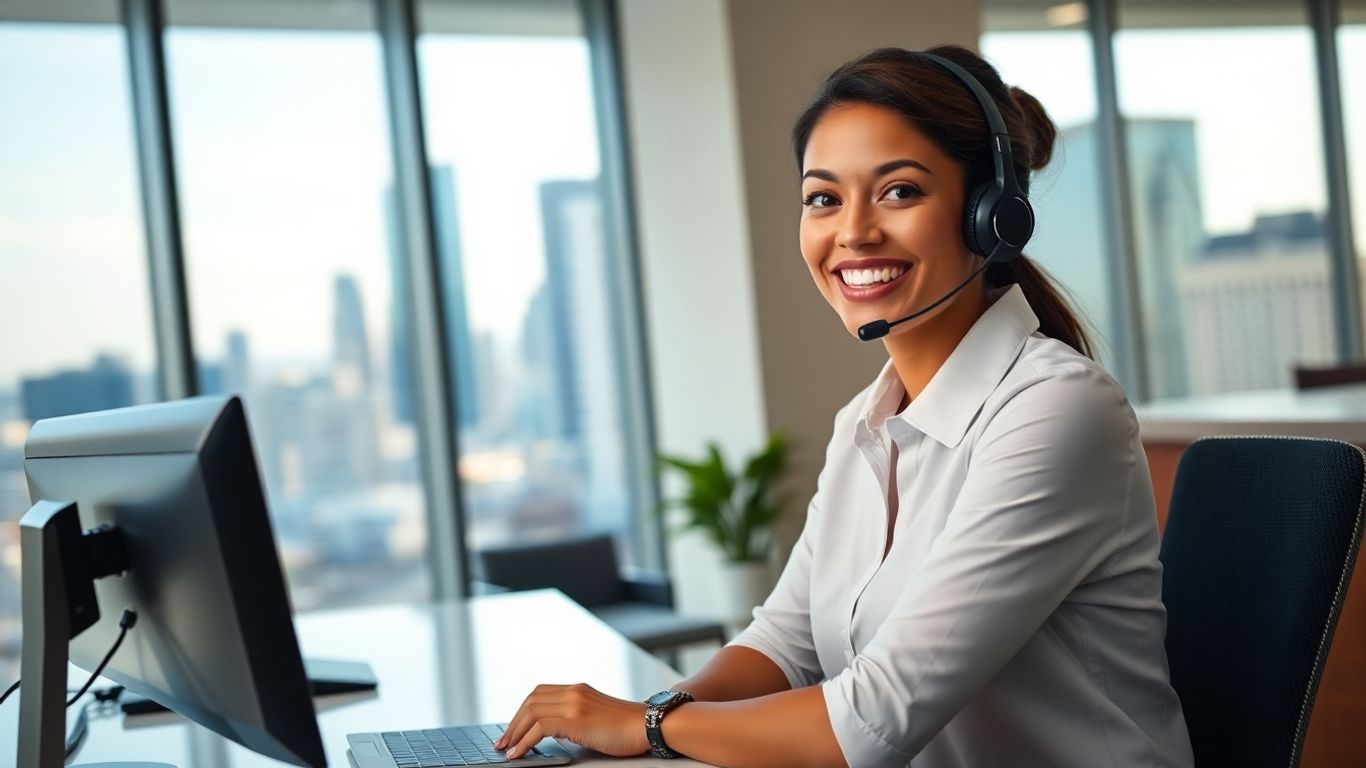 Receptionist with headset in Grand Rapids office window