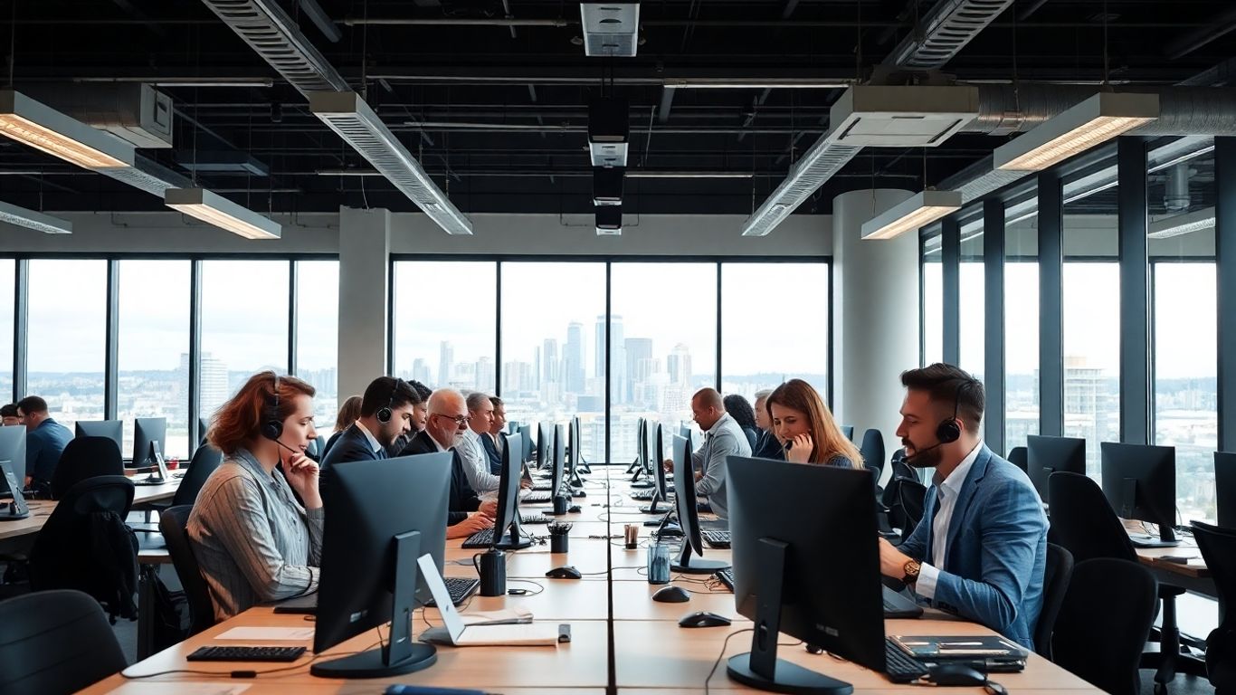 Busy Tacoma office with staff answering calls on headsets
