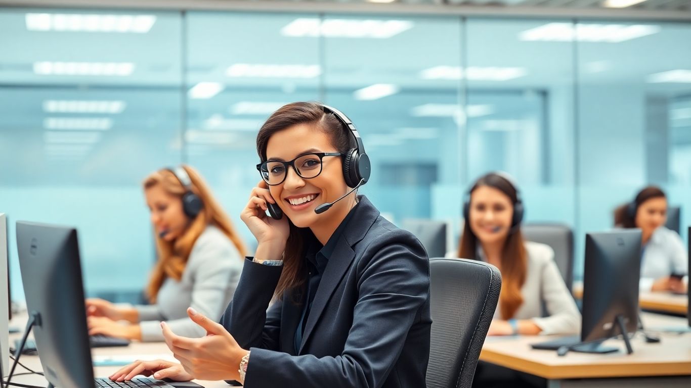 Businessperson with headset answering calls in modern office