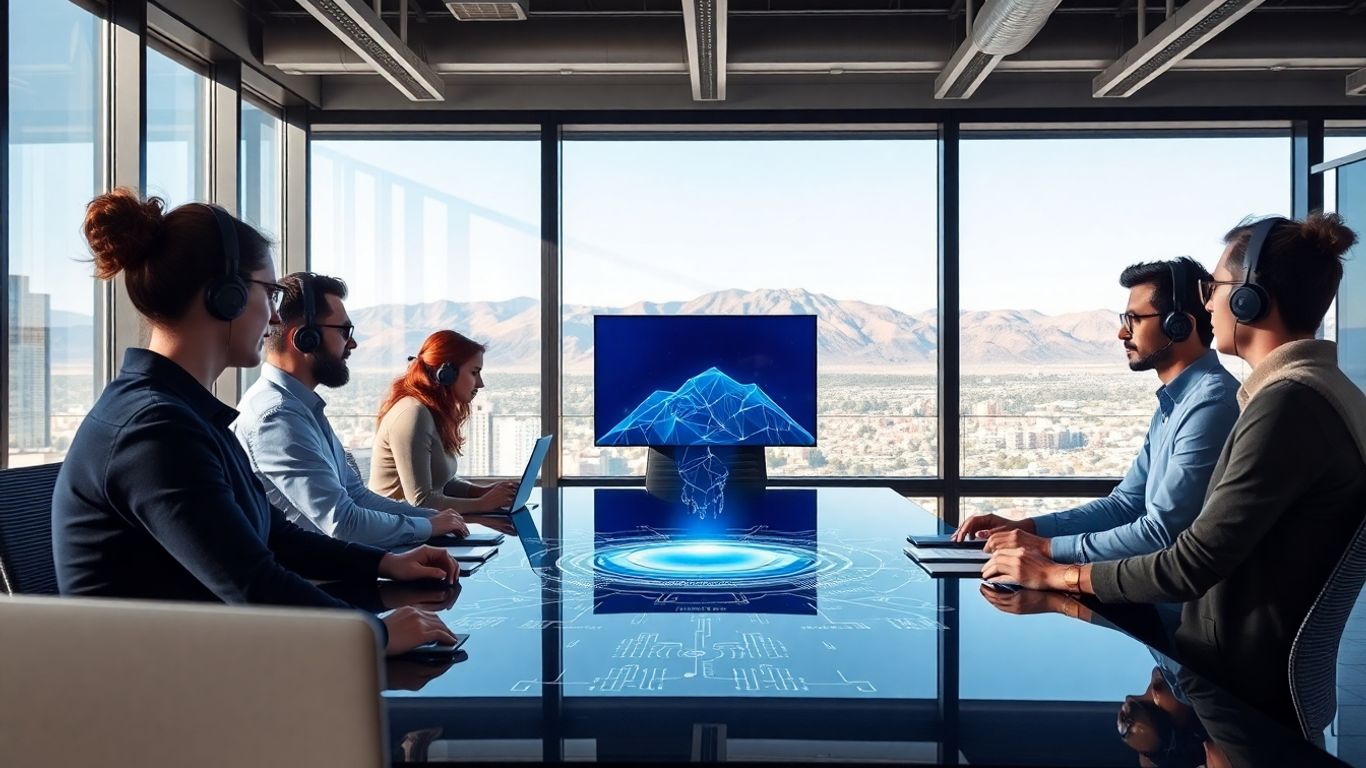 Modern office with AI hologram and city skyline view.