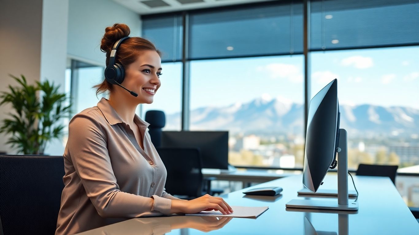 Receptionist in Salt Lake City office with headset and computer