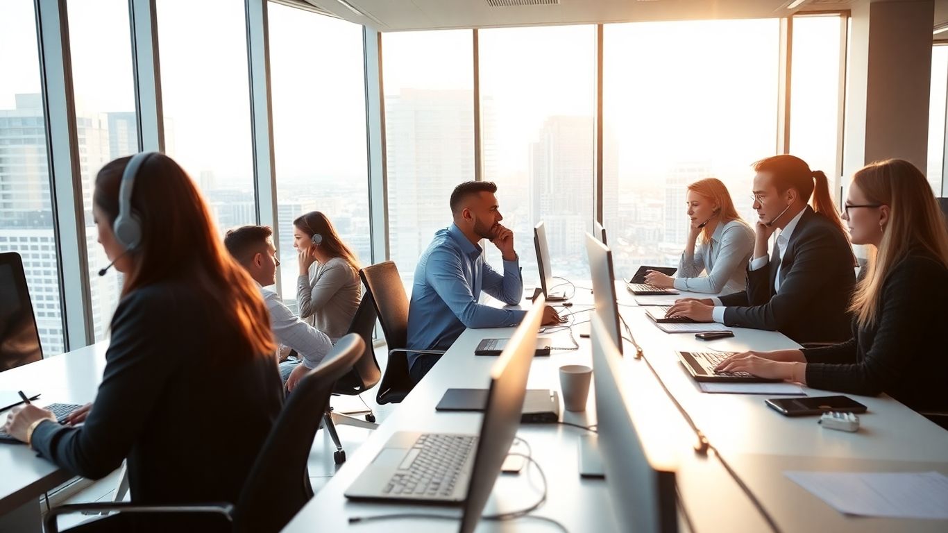Business professionals using phones in modern Salt Lake City office