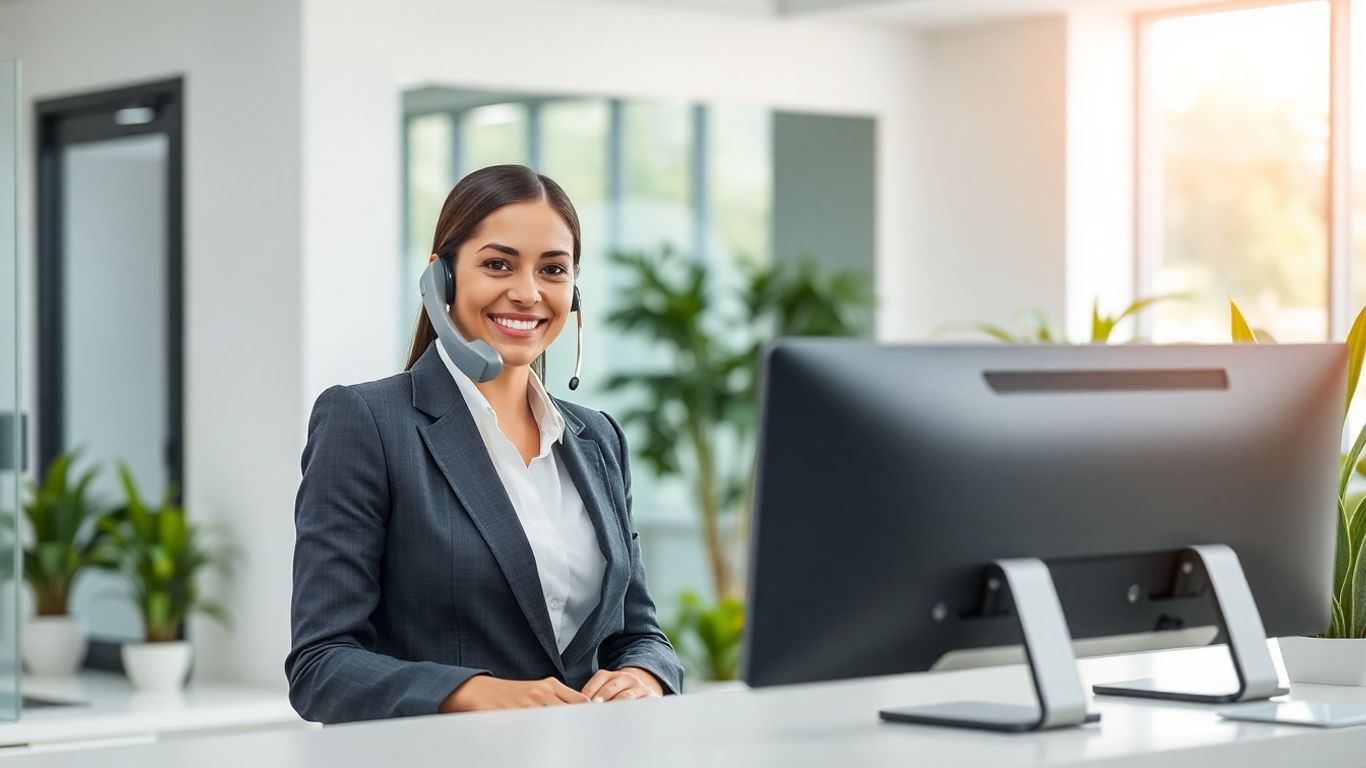 Professional receptionist answering phone in bright modern office