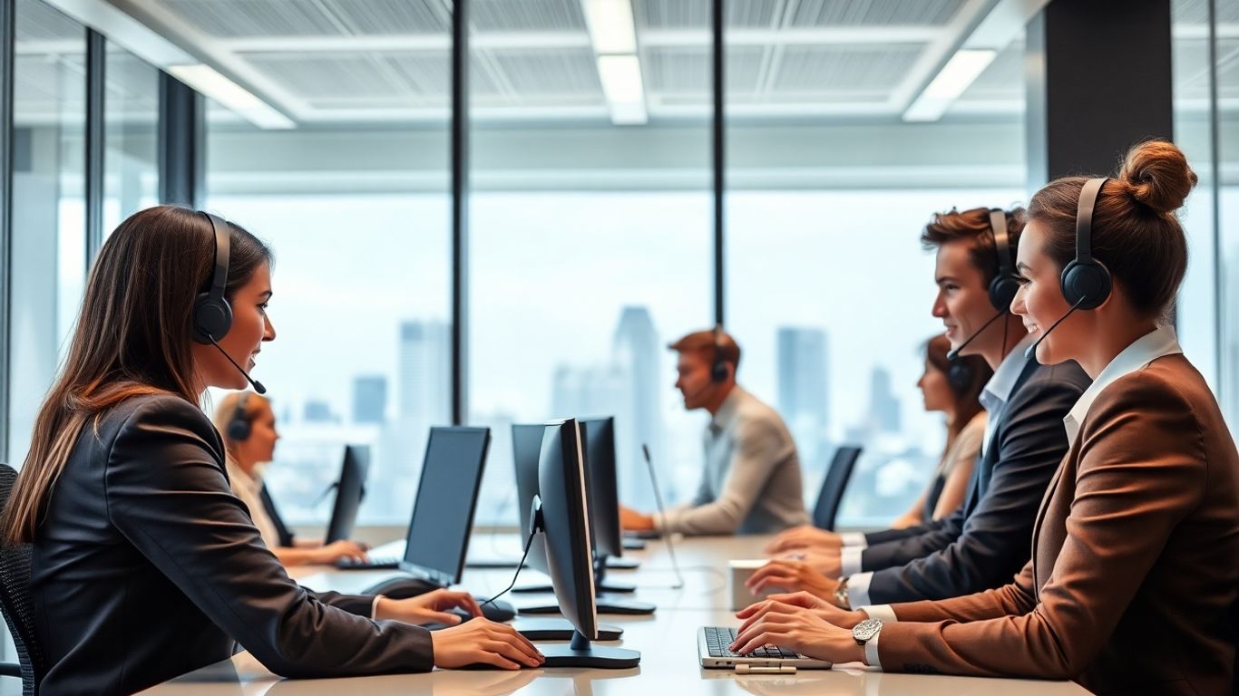 Business team with headsets in modern office, city view.