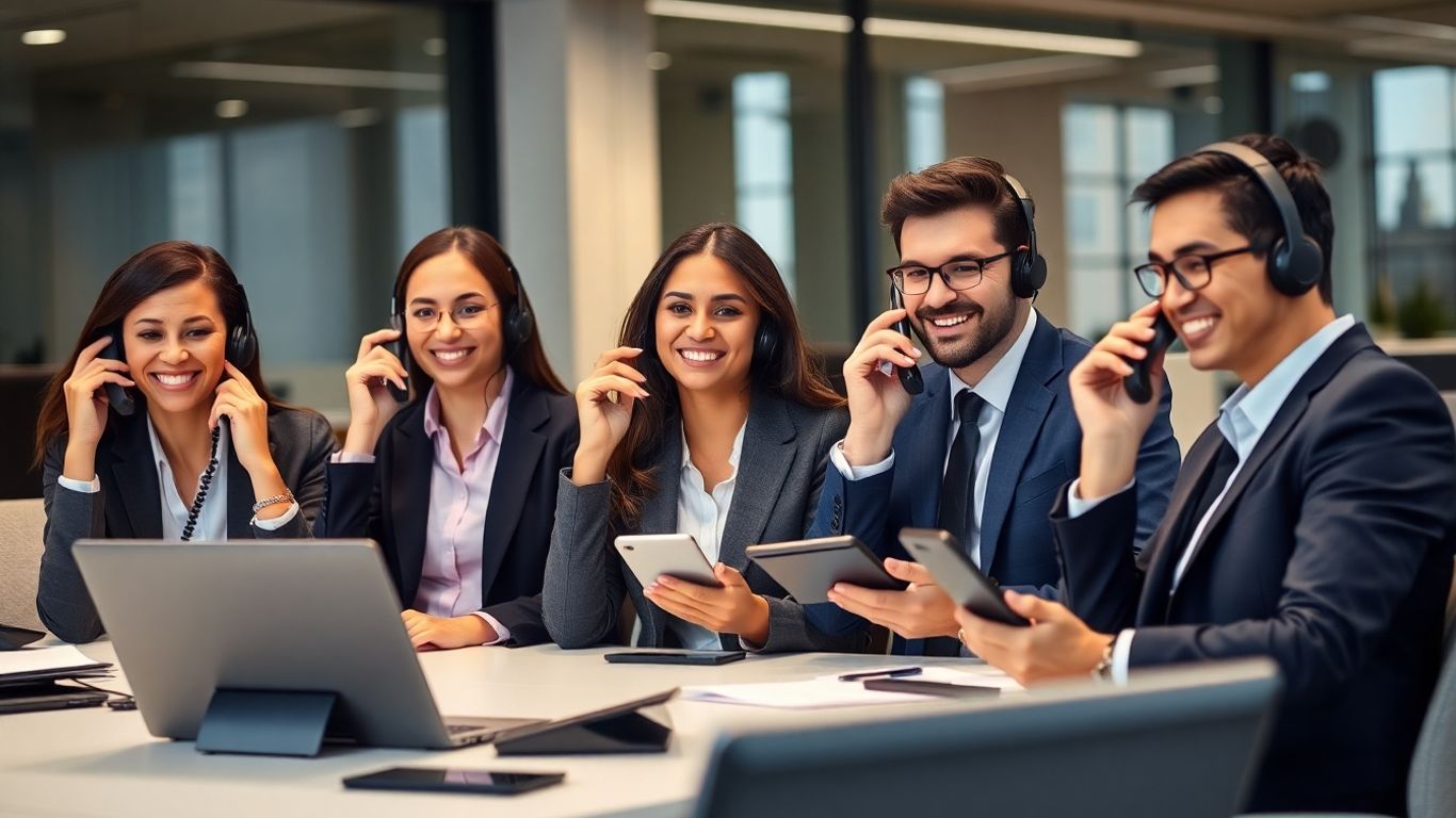 Business professionals answering phones in a modern office