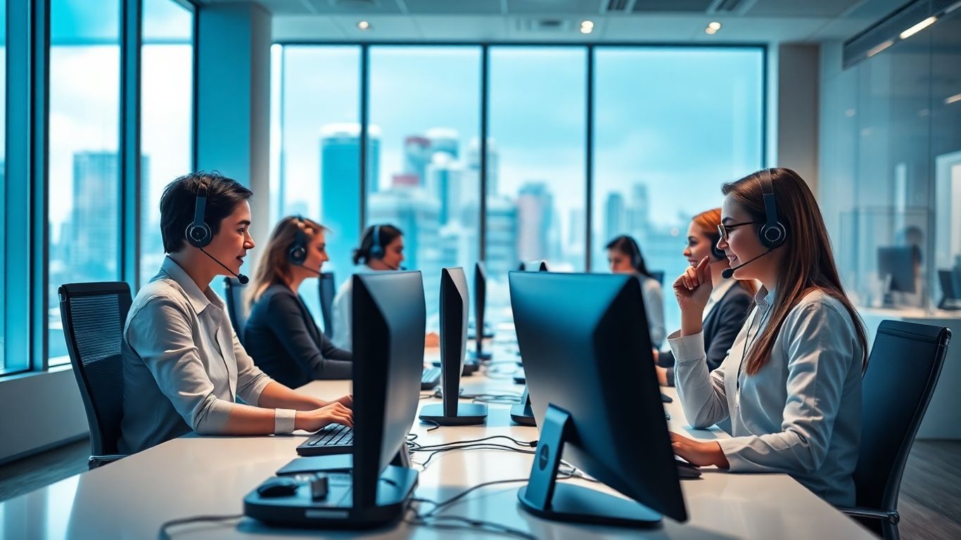 Customer service agents on calls in a bright office