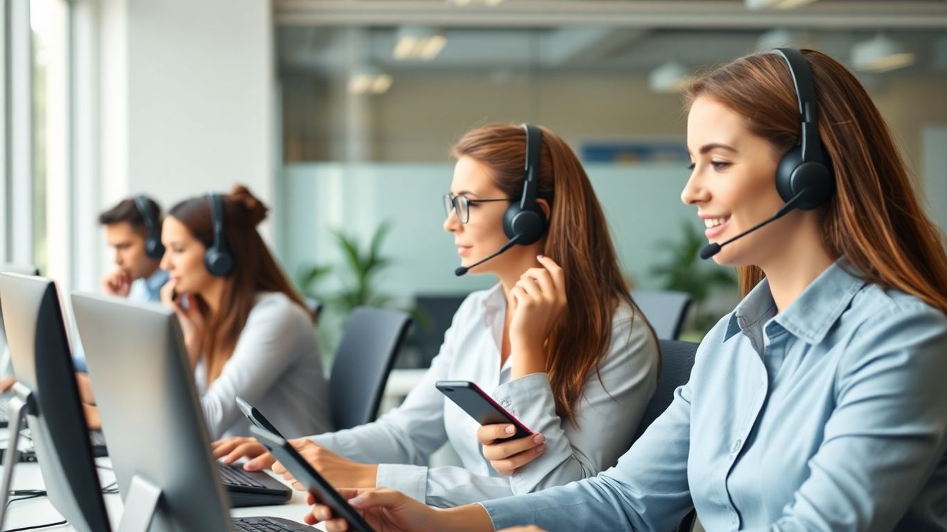 Professionals using headsets and computers in modern office