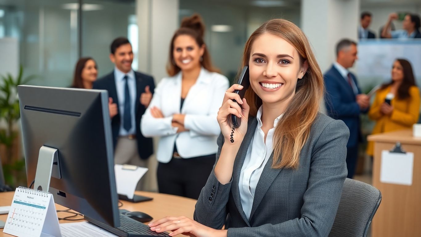 Receptionist answering phone in busy office environment