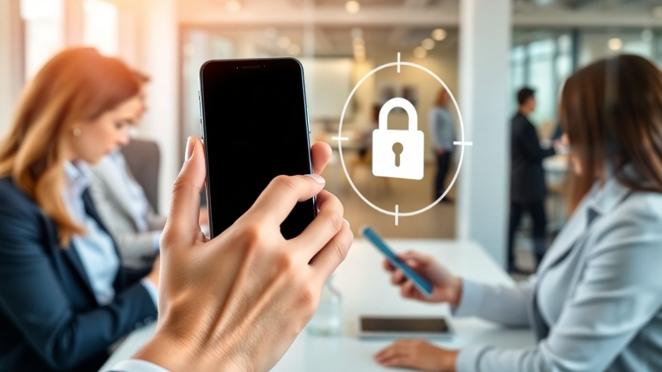 Business professionals using mobile devices securely in office